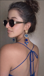 Earrings – Gold Tone with Blue Crystal Accents